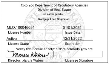 Colorado MLO License Number - 100046034